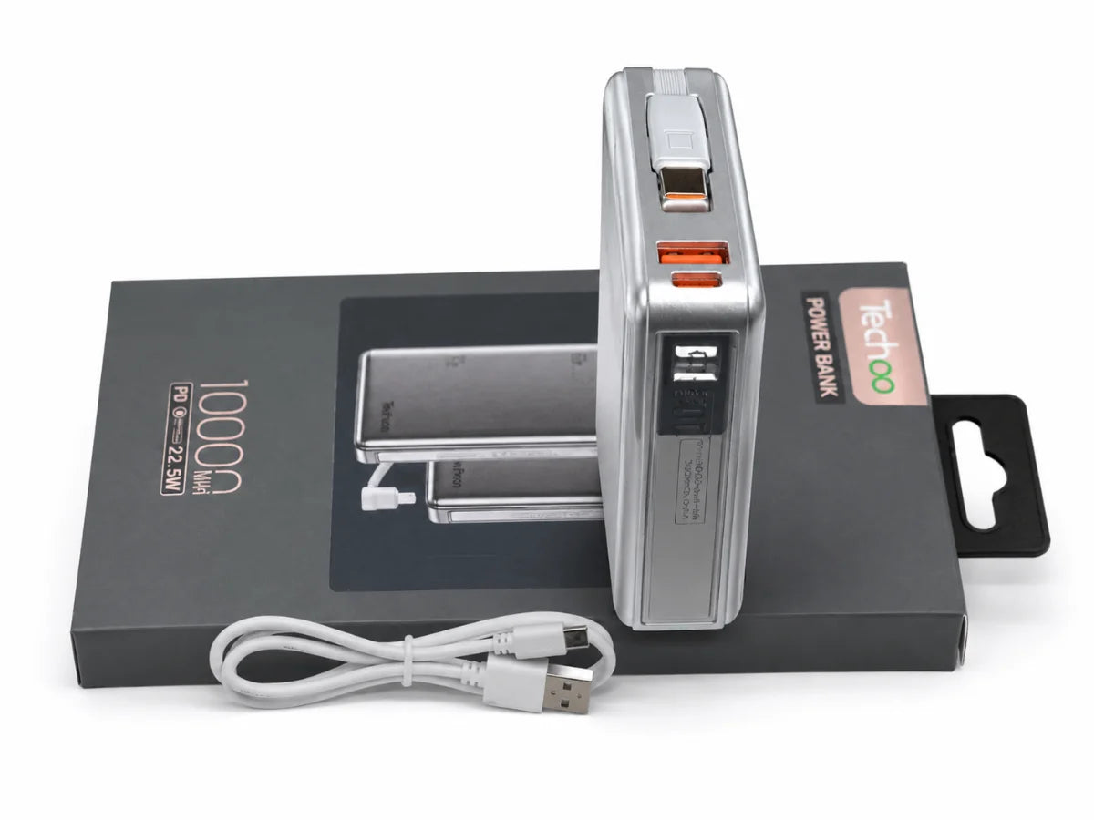 Techoo 10000mAh 22.5W Slim Fast Charging Power Bank with Built-in USB-C & Lightning Cables