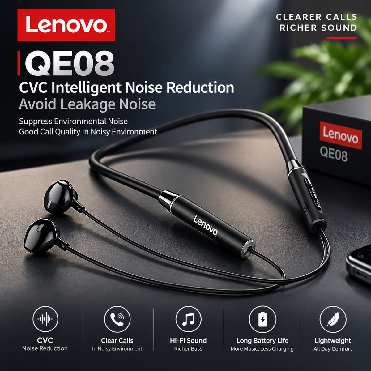 Lenovo QE08 Wireless Neckband Earphones – Bluetooth 5.0, Dynamic Bass HiFi Sound