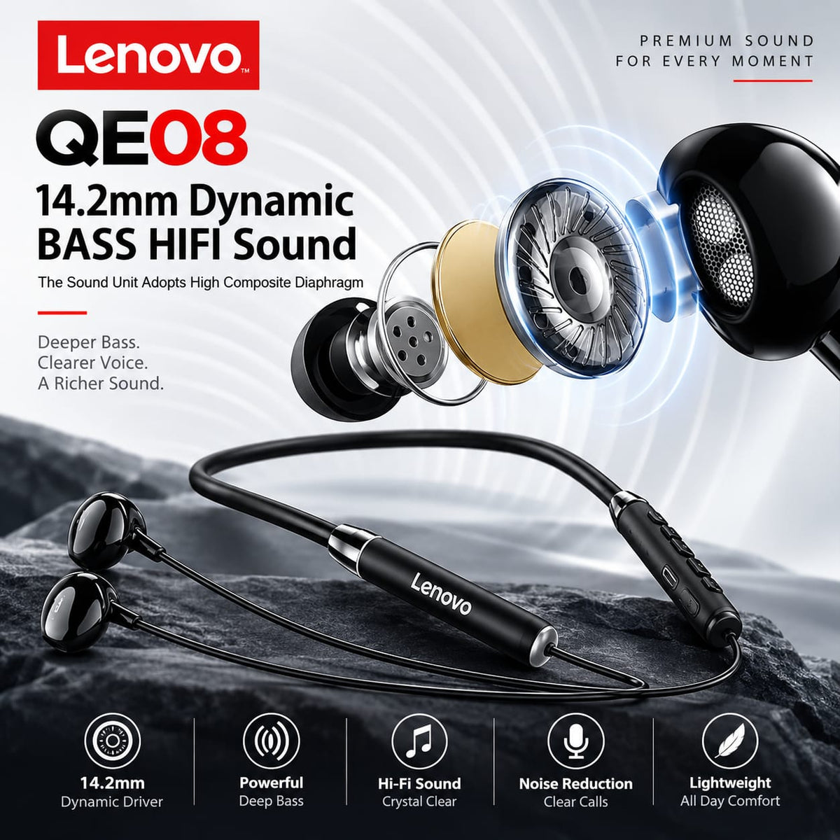 Lenovo QE08 Wireless Neckband Earphones – Bluetooth 5.0, Dynamic Bass HiFi Sound
