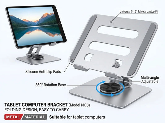 360° Rotating Adjustable Metal Tablet & Phone Stand – Foldable Aluminum Alloy Desk Holder with Anti-Slip Base