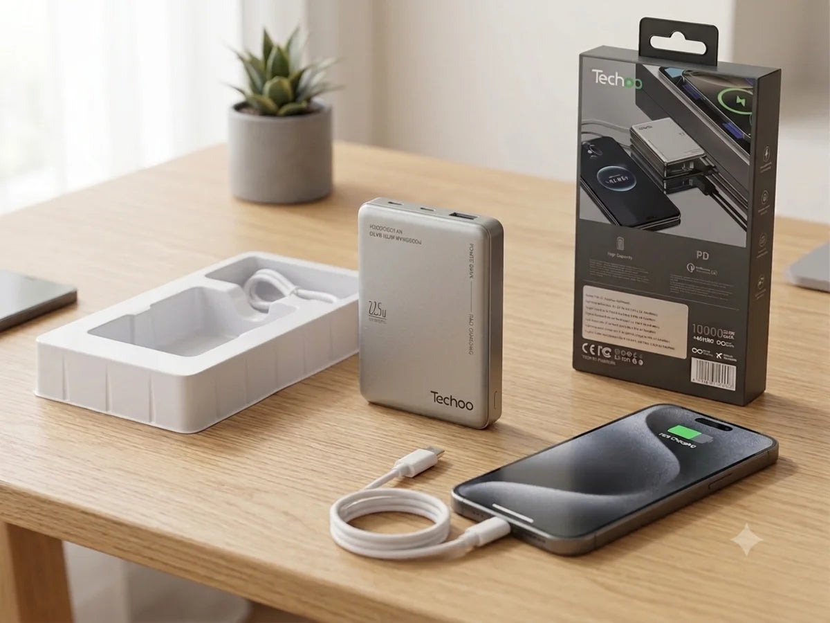 Techoo 10000mAh 22.5W Slim Fast Charging Power Bank with Built-in USB-C & Lightning Cables