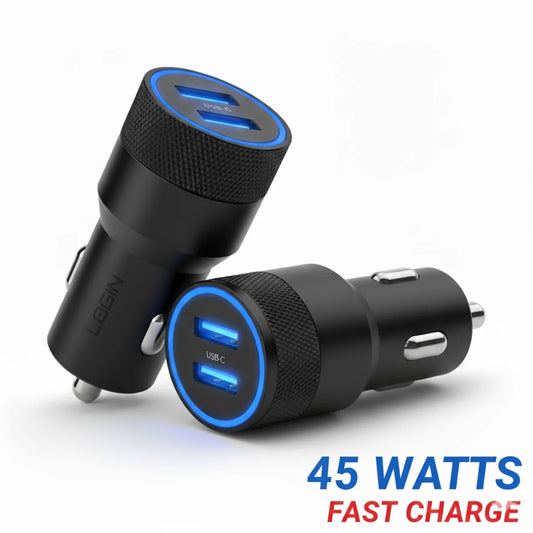 Login LT-CR20 PD Fast Car Charger | USB-C & USB-A Dual Port | 45W Quick Charge 3.0 Car Charger for iPhone, Samsung & Android