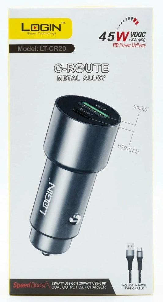 Login LT-CR20 PD Fast Car Charger | USB-C & USB-A Dual Port | 45W Quick Charge 3.0 Car Charger for iPhone, Samsung & Android
