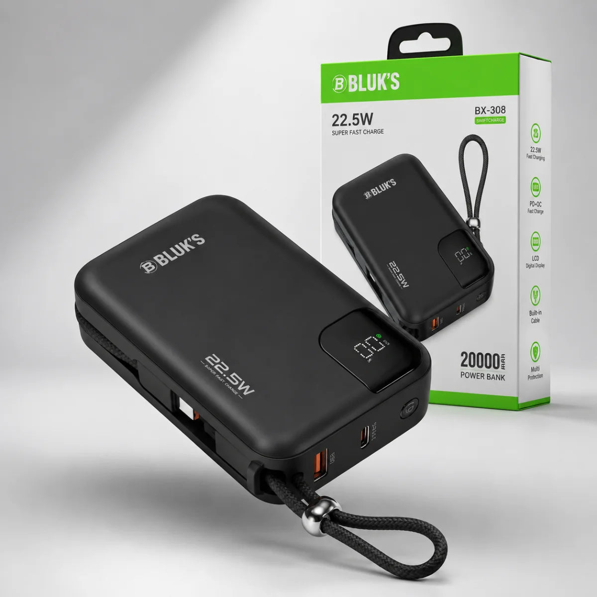 BLUK'S BX-308 20000mAh Power Bank | 22.5W Super Fast Charging | Built-in Type-C & Lightning Cables | Digital LED Display