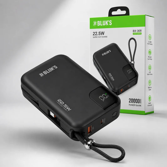 BLUK'S BX-308 20000mAh Power Bank | 22.5W Super Fast Charging | Built-in Type-C & Lightning Cables | Digital LED Display