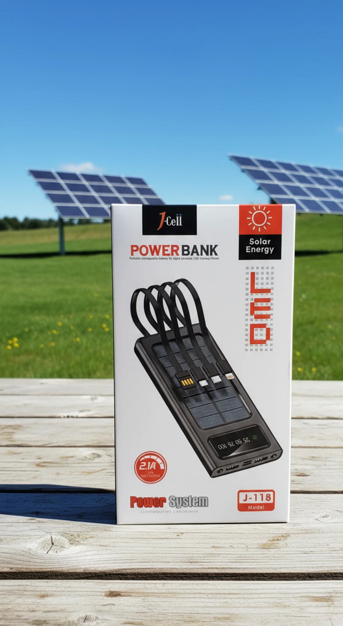 J-Cell J-118 Solar Power Bank 10000mAh – Fast Charging Power Bank with 4 Built-in Charging Cables & LED Display