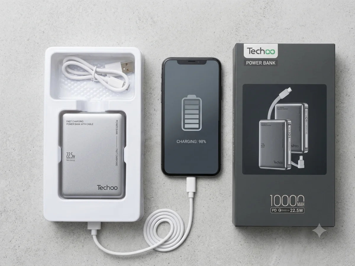 Techoo 10000mAh 22.5W Slim Fast Charging Power Bank with Built-in USB-C & Lightning Cables