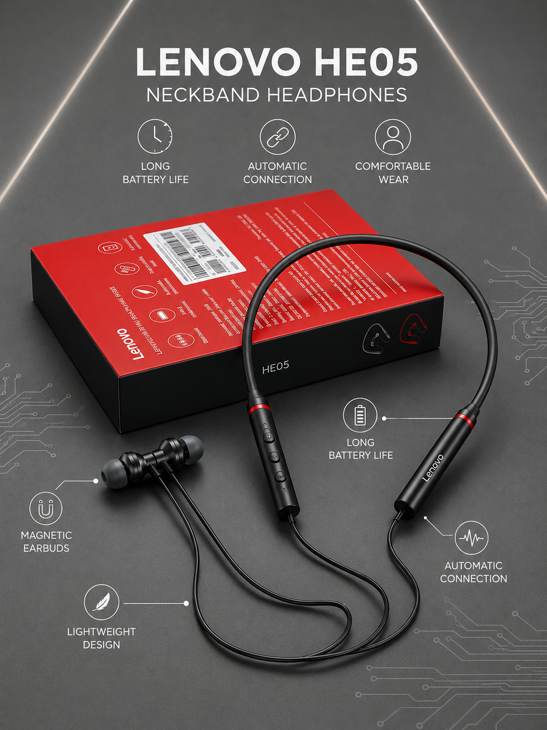 Lenovo HE05 Wireless Neckband – Bluetooth 5.0 Magnetic Earbuds