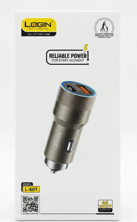 Login L-601 45W PD Fast Car Charger | Dual Port USB-C PD & USB-A | Power Delivery Quick Charge for iPhone, Samsung & Android