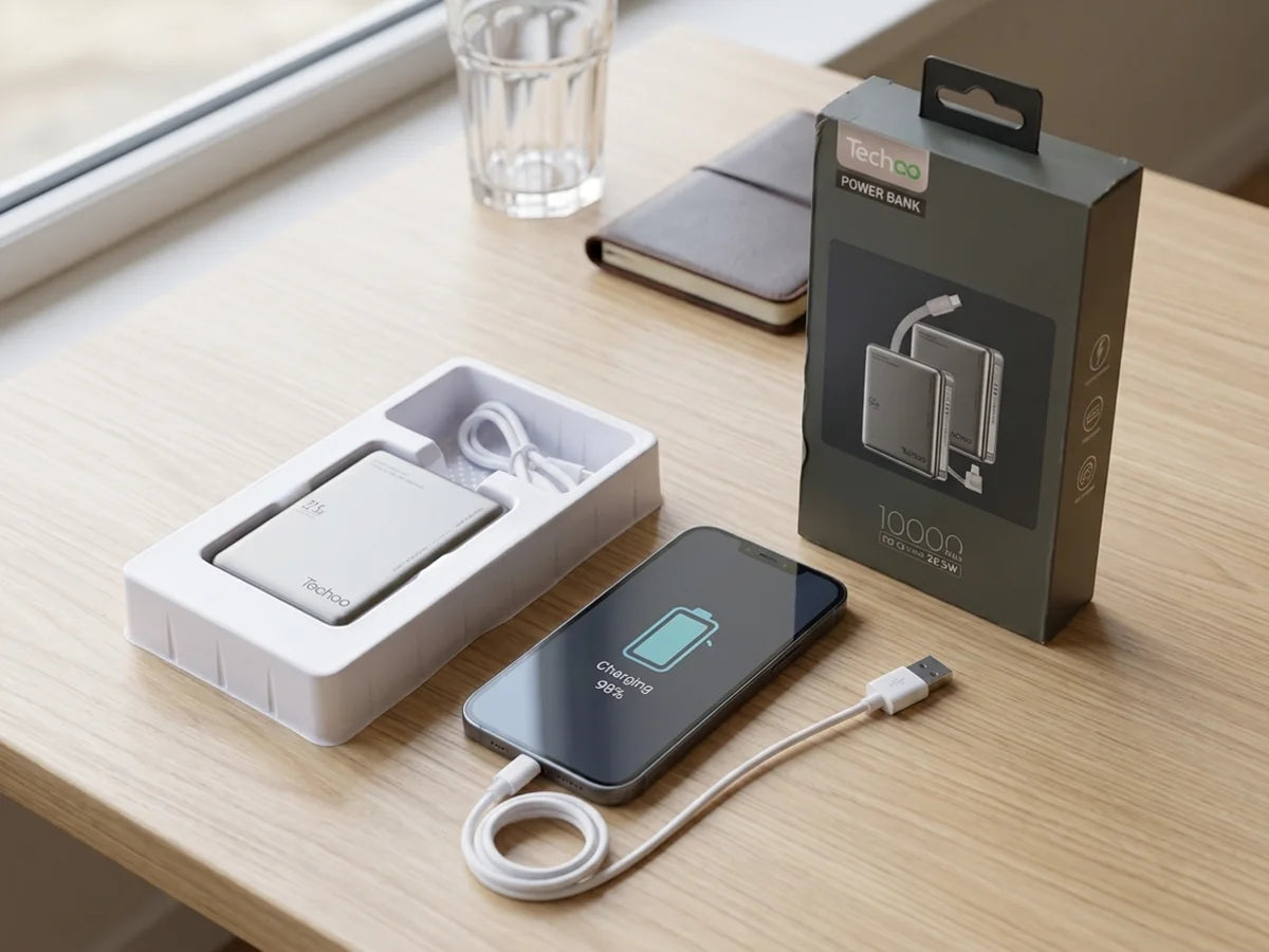 Techoo 10000mAh 22.5W Slim Fast Charging Power Bank with Built-in USB-C & Lightning Cables