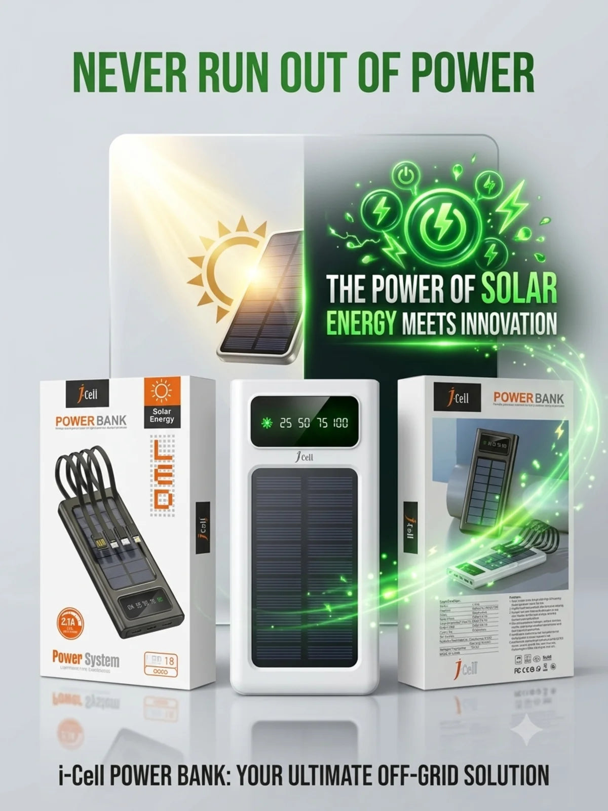 J-Cell J-118 Solar Power Bank 10000mAh – Fast Charging Power Bank with 4 Built-in Charging Cables & LED Display