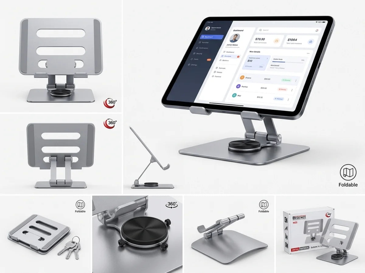 360° Rotating Adjustable Metal Tablet & Phone Stand – Foldable Aluminum Alloy Desk Holder with Anti-Slip Base