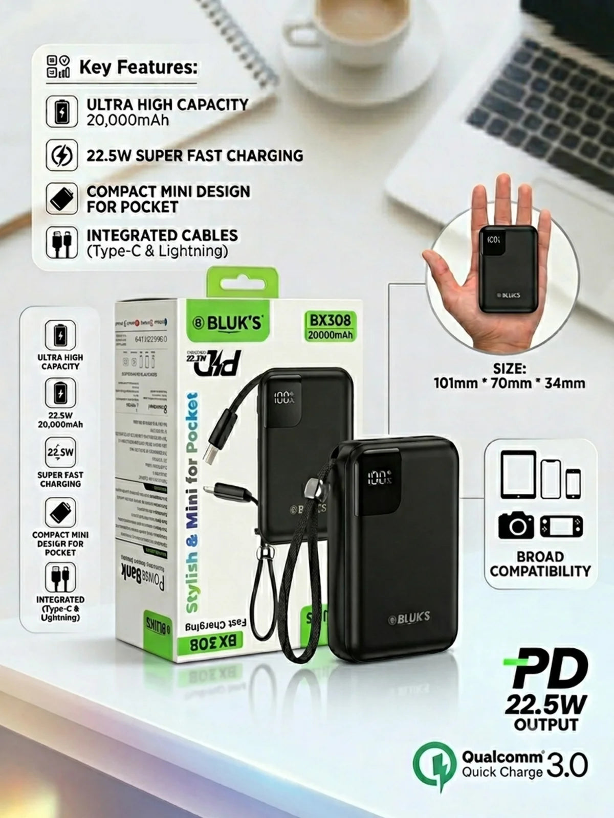 BLUK'S BX-308 20000mAh Power Bank | 22.5W Super Fast Charging | Built-in Type-C & Lightning Cables | Digital LED Display