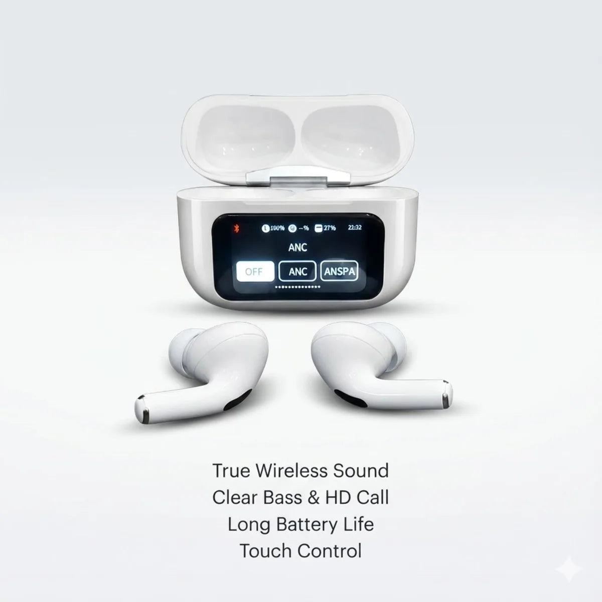 A9 Pro ANC Bluetooth 5.4 Wireless Earbuds with Smart Touch Screen – Active Noise Cancellation, Hi-Fi Stereo Sound & HD Calling
