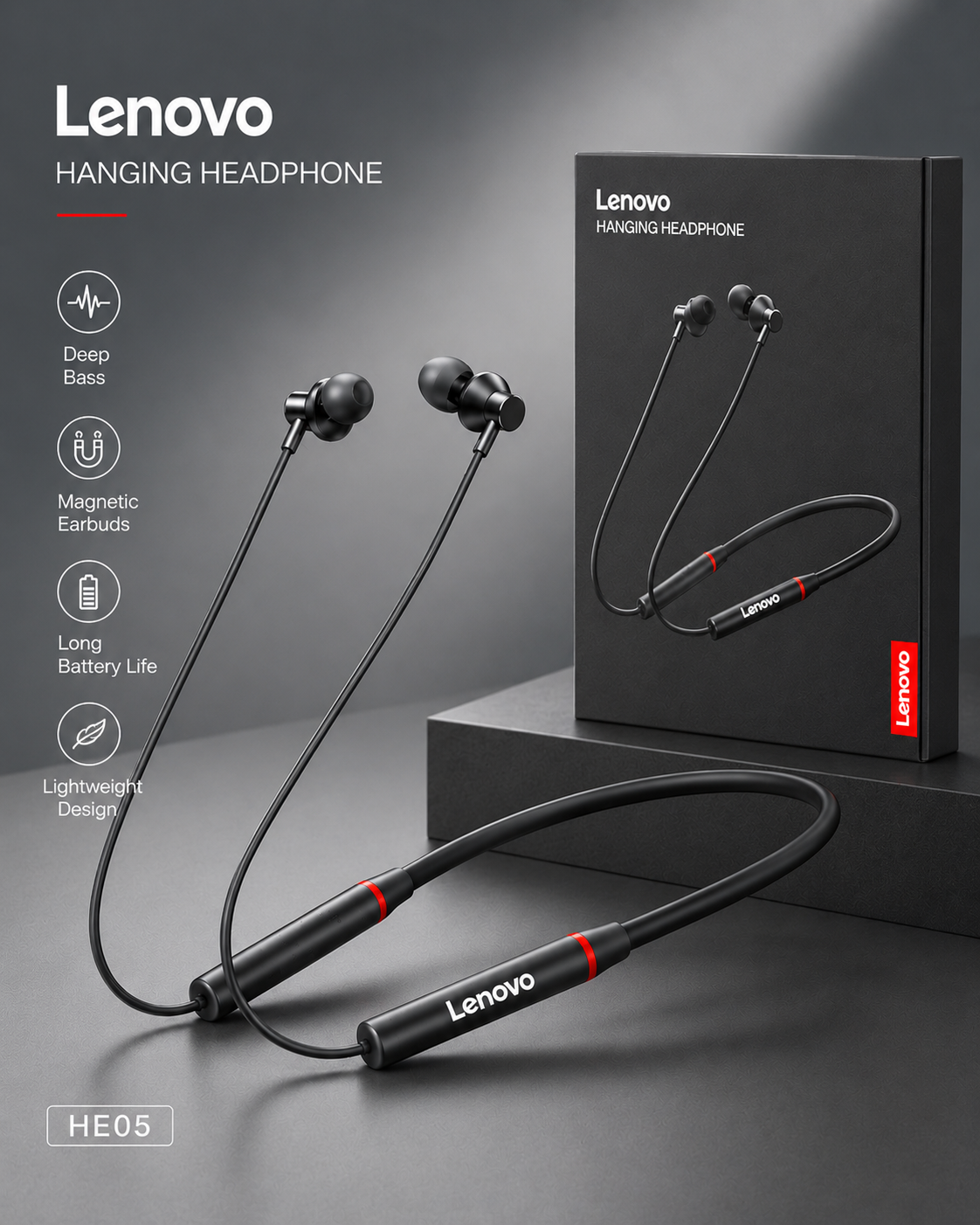Lenovo HE05 Wireless Neckband – Bluetooth 5.0 Magnetic Earbuds