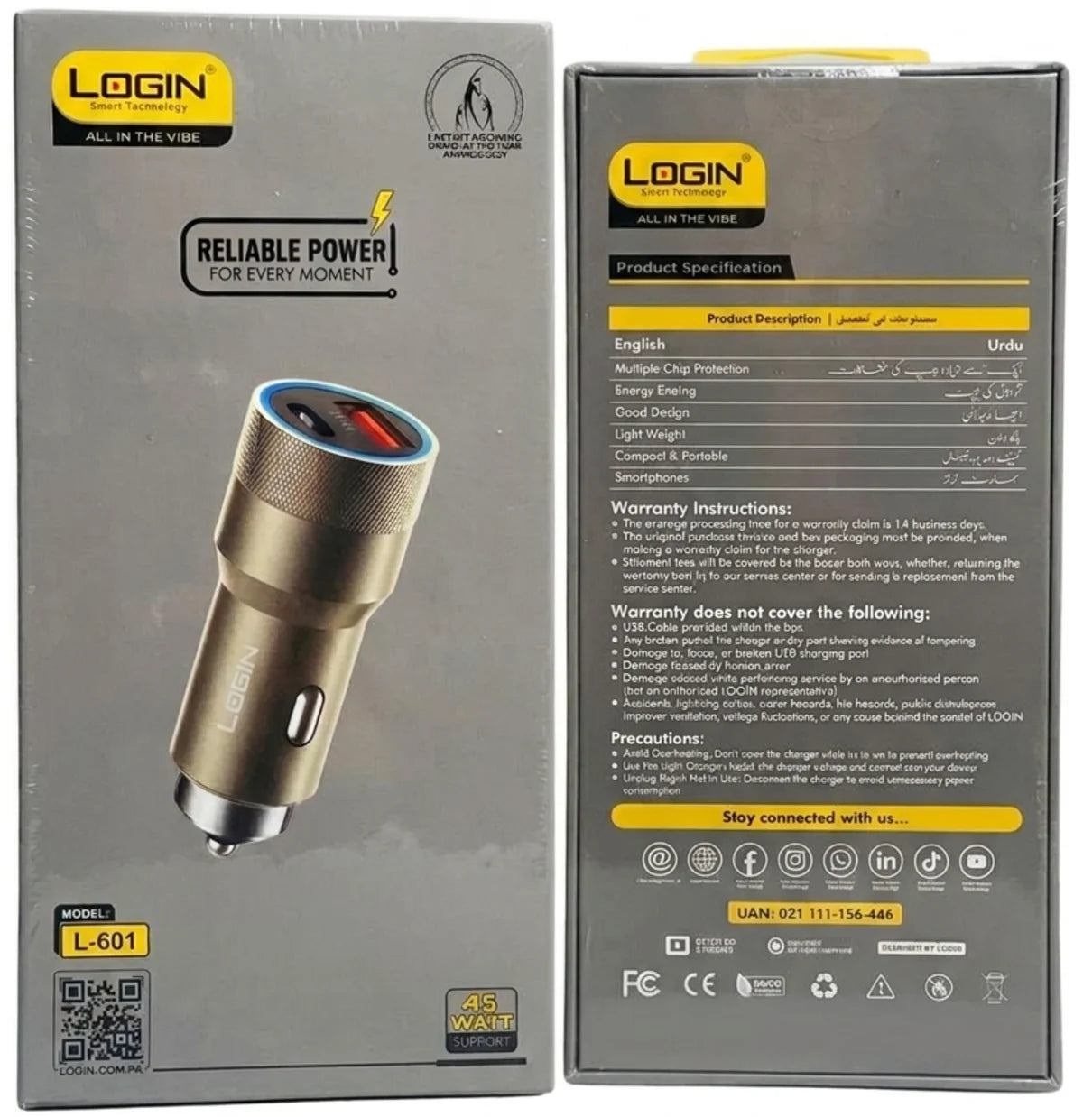 Login L-601 45W PD Fast Car Charger | Dual Port USB-C PD & USB-A | Power Delivery Quick Charge for iPhone, Samsung & Android