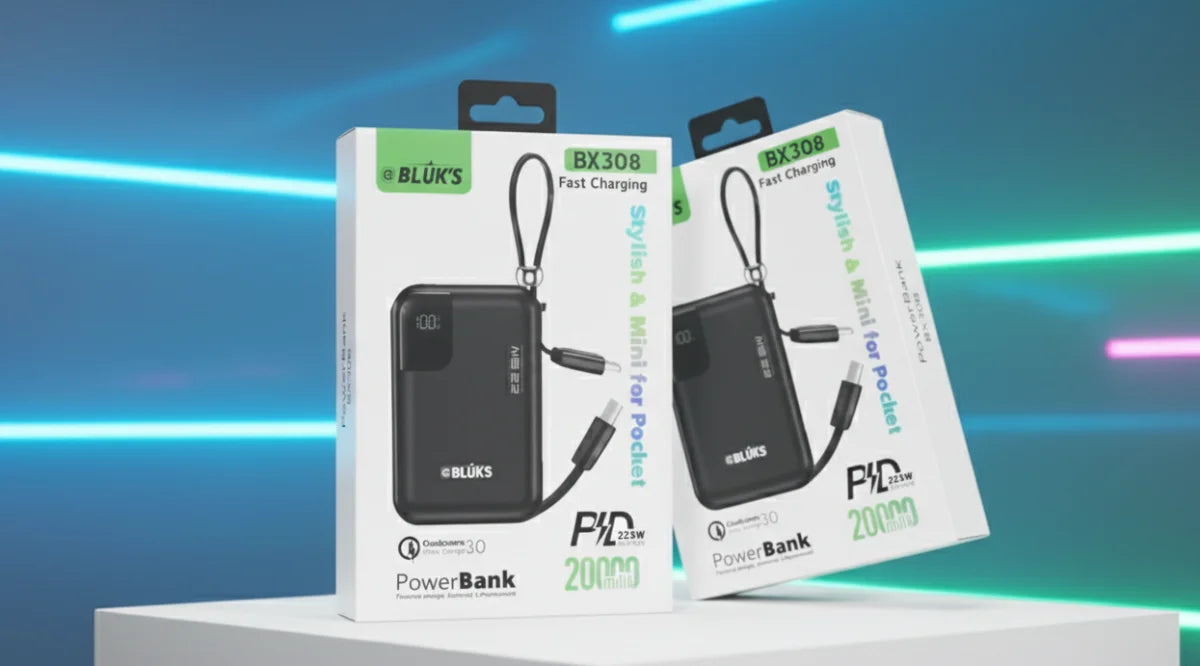 BLUK'S BX-308 20000mAh Power Bank | 22.5W Super Fast Charging | Built-in Type-C & Lightning Cables | Digital LED Display