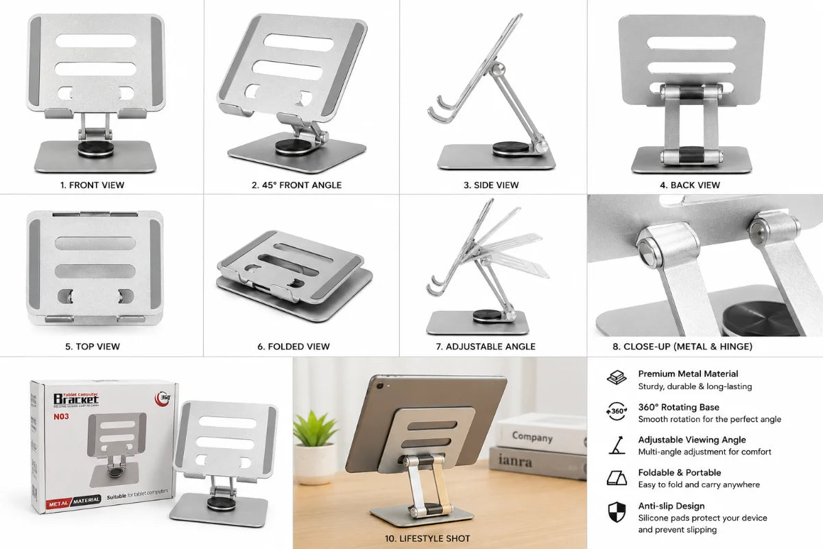 360° Rotating Adjustable Metal Tablet & Phone Stand – Foldable Aluminum Alloy Desk Holder with Anti-Slip Base