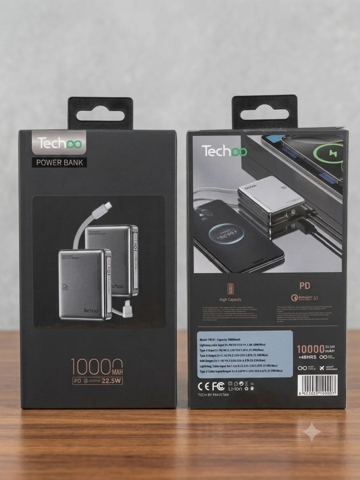 Techoo 10000mAh 22.5W Slim Fast Charging Power Bank with Built-in USB-C & Lightning Cables