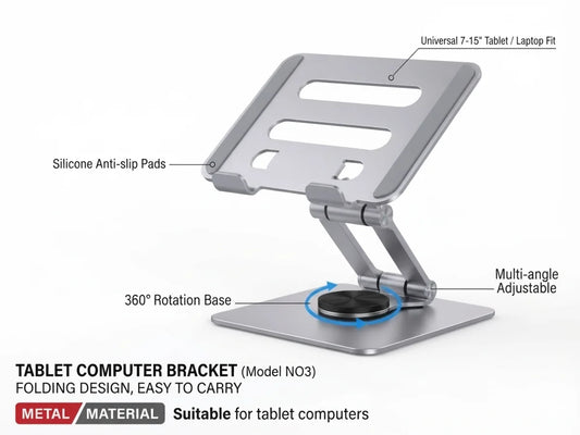 360° Rotating Adjustable Metal Tablet & Phone Stand – Foldable Aluminum Alloy Desk Holder with Anti-Slip Base