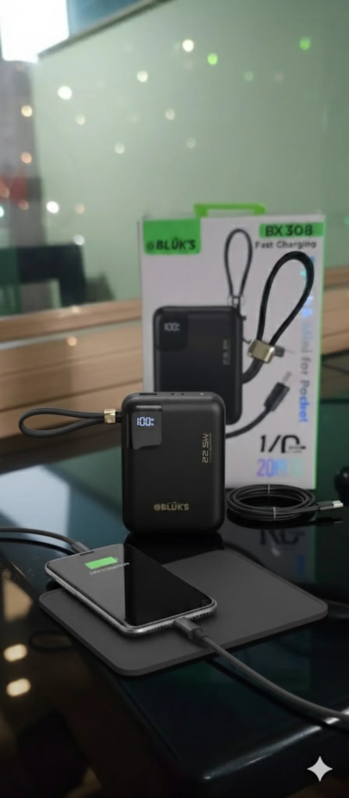 BLUK'S BX-308 20000mAh Power Bank | 22.5W Super Fast Charging | Built-in Type-C & Lightning Cables | Digital LED Display